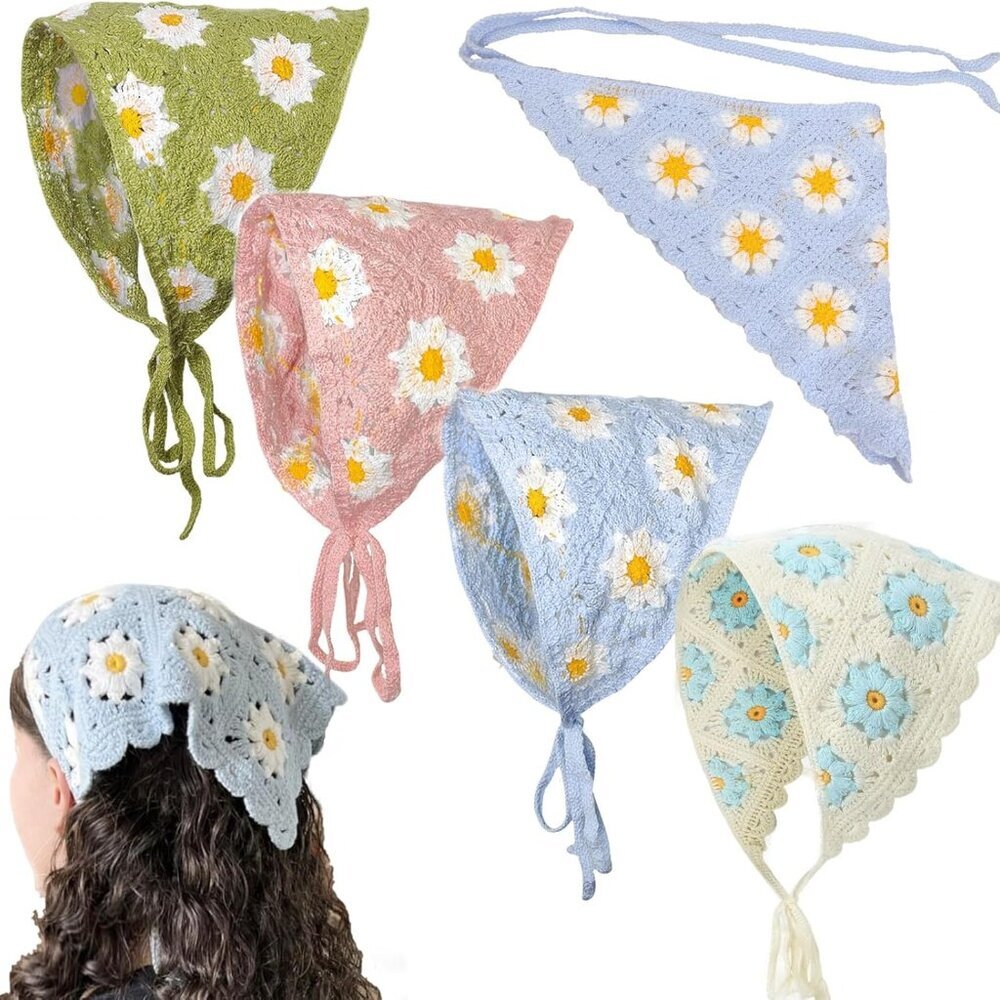 Crochet Bandanas Headbands Cute Flowers Hairbands Pink Knitted Headscarf Green D
